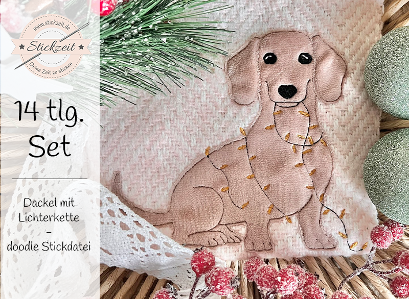 Dackel mit Lichterkette - doodle Stickdatei